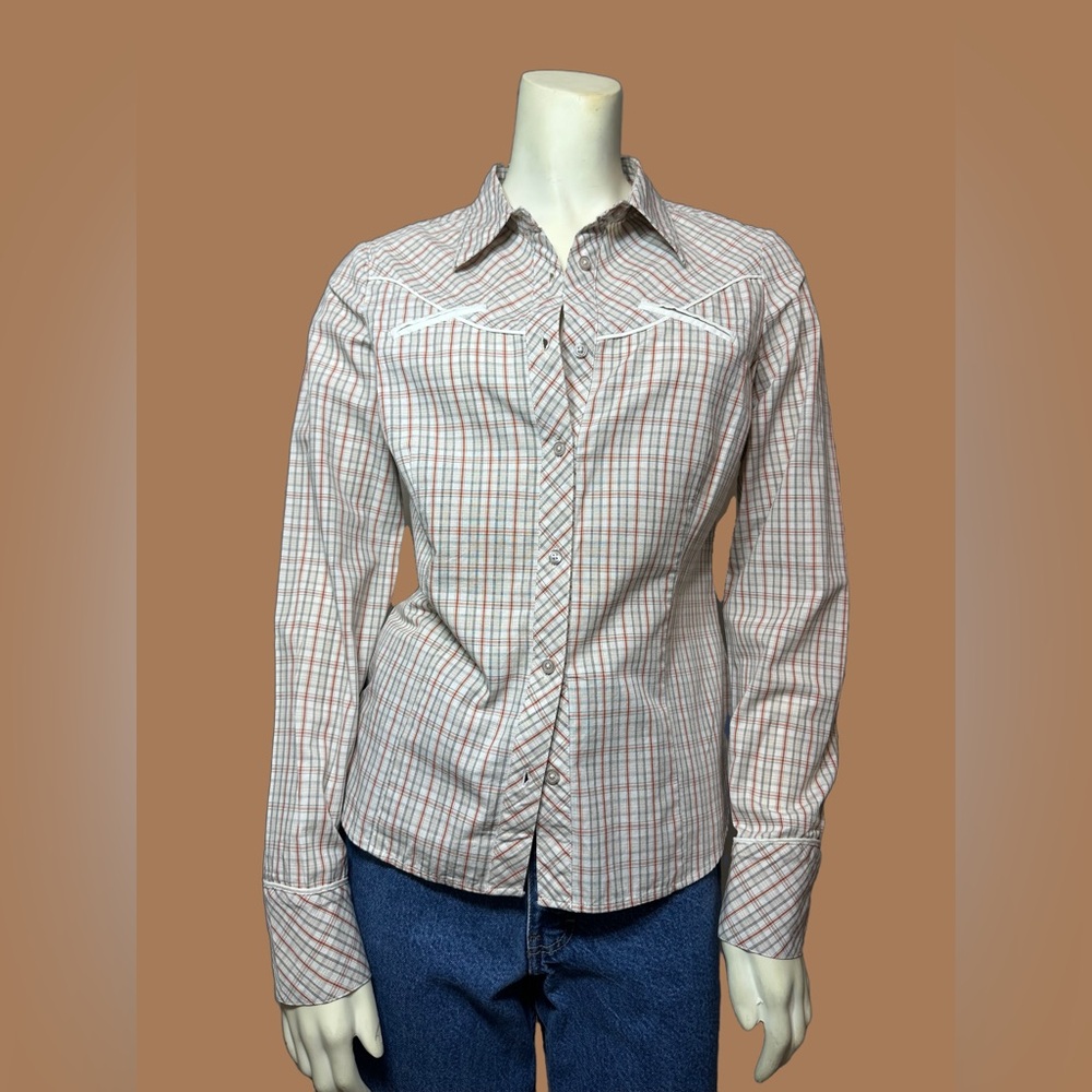BCBGMaxAzria White and Gray Fitted Button Down Shirt